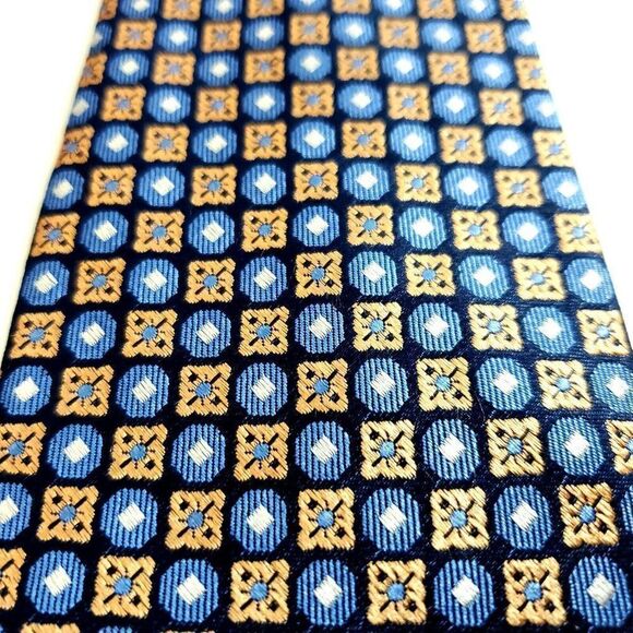 Egara Tan Blue Woven Geomeric Floral Silk Tie - Picture 2 of 6